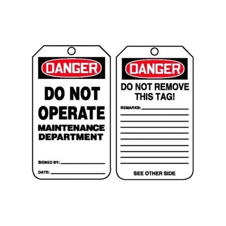 Accuform Safety Tags, DANGER DO NOT OPERATE MAINTENANCE DEPARTMENT, 5.75in x 3.25in, PF-Cardstock, 25PK MDT206CTP